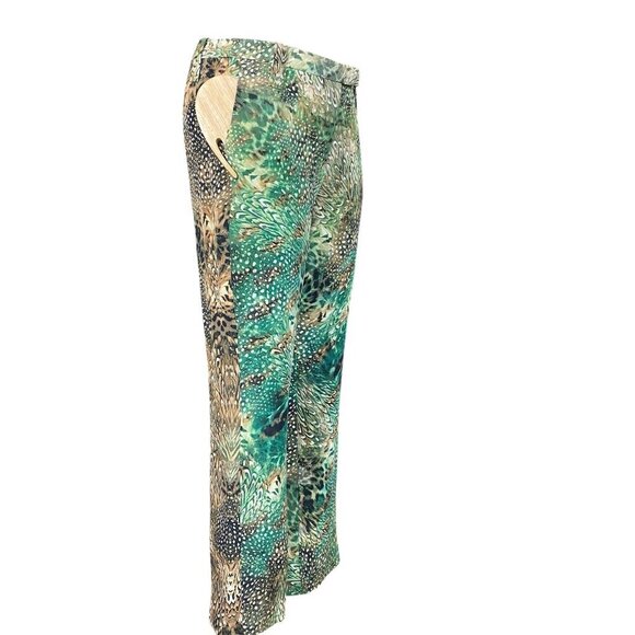 Paige Silk Animal Feather Print Trouser Pants Womens Sz 6 Green Brown #71P - Picture 5 of 10